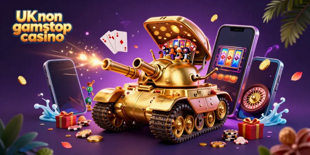 Exciting UK non gamstop casino scene with a golden beetle tank, mobile slots, and vibrant game elements.