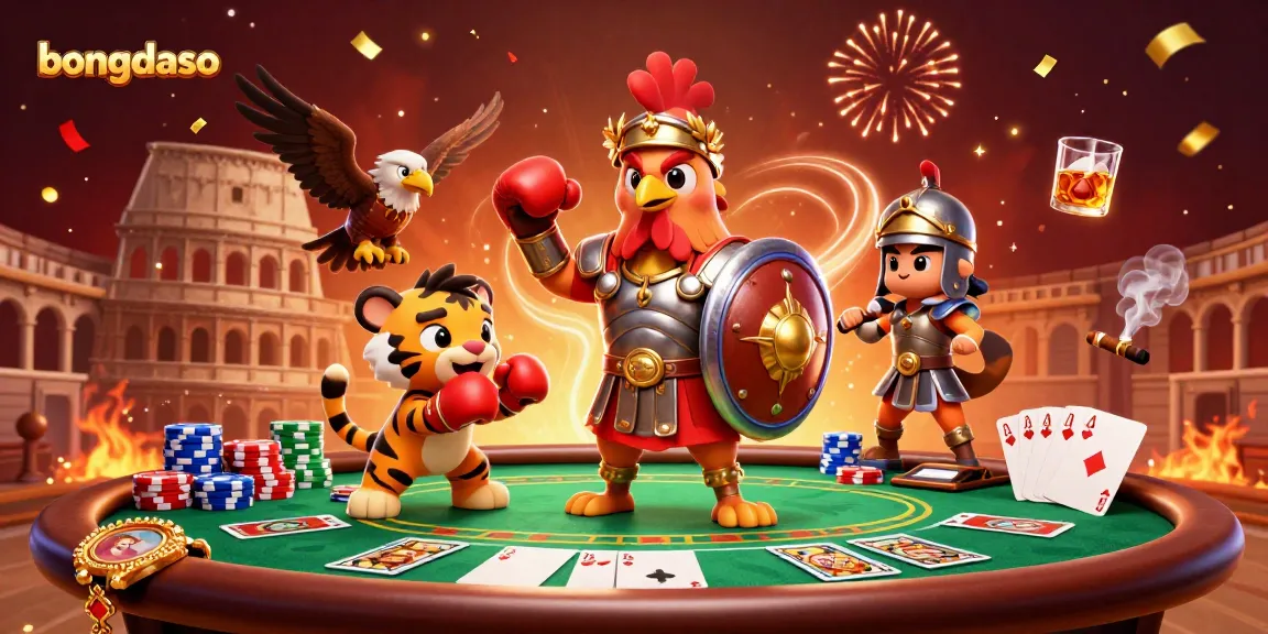 Bongdaso features a gladiator rooster and poker elements in an exciting casino scene.
