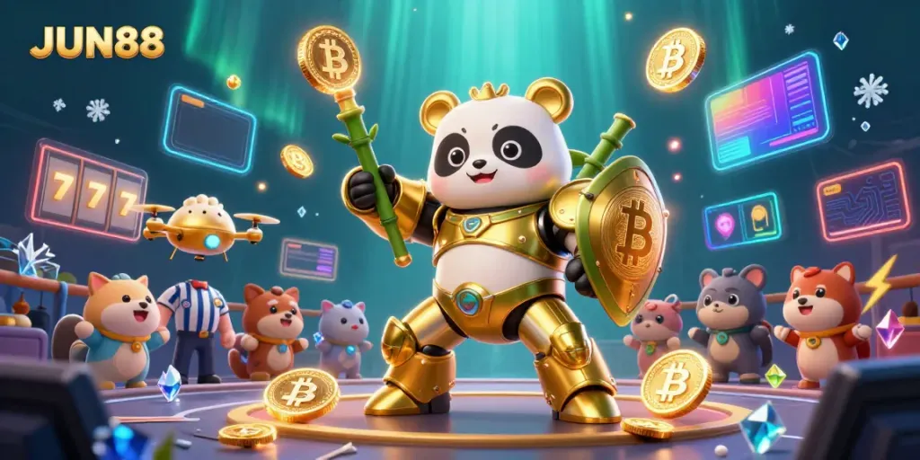 Experience the thrilling gaming atmosphere at JUN88 with our vibrant 3D illustration depicting a mech-suit panda and exciting casino elements.