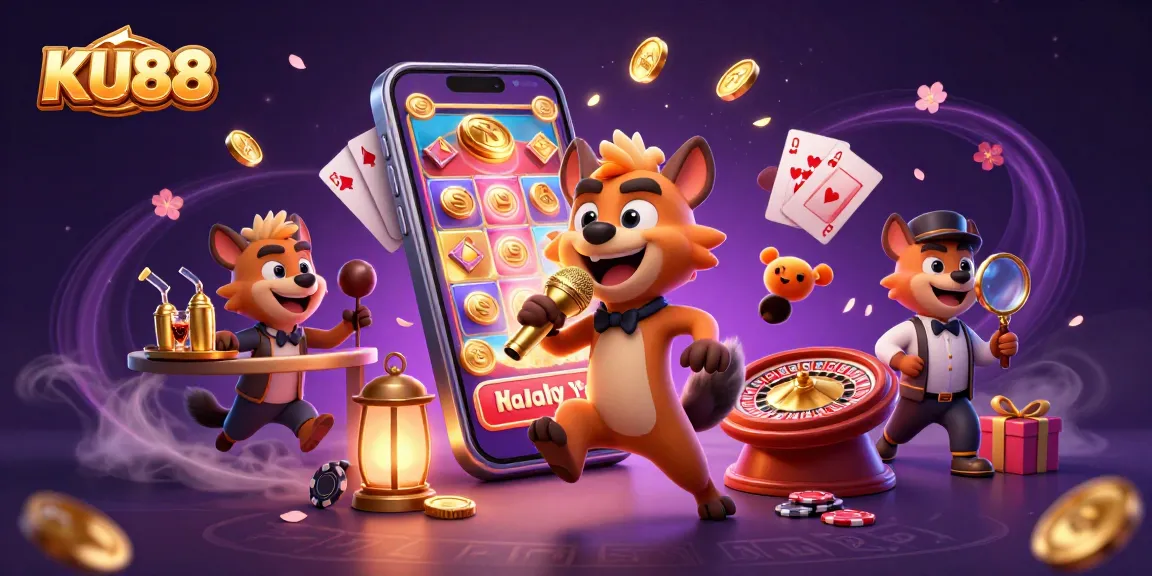 Engage in thrilling gameplay at KU88 casino with vibrant hyena characters in a lively setting.