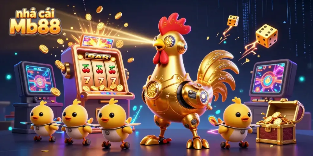 Experience thrilling gaming at nhà cái Mb88 with a dynamic golden robot and baby chick drones in a vibrant casino scene.