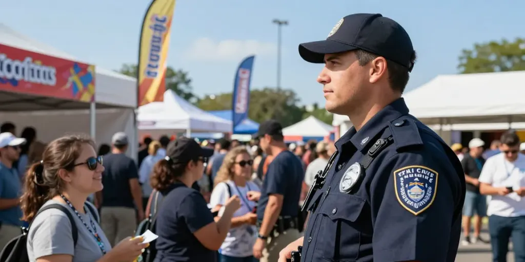 Security Guard providing safety at a local community event, demonstrating trusted professional services.