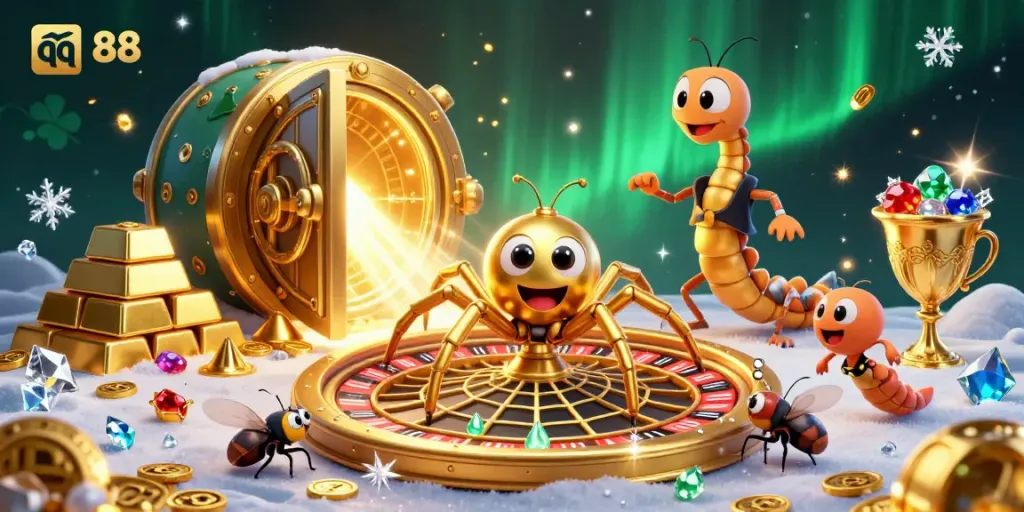 Engage in thrilling bets with qq 88, at a vibrant casino scene with dynamic characters and treasure elements.