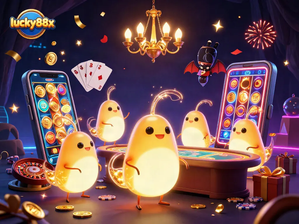 Experience the excitement at lucky88x casino with vibrant gaming scenes and lively glowworm characters illuminating the fun.
