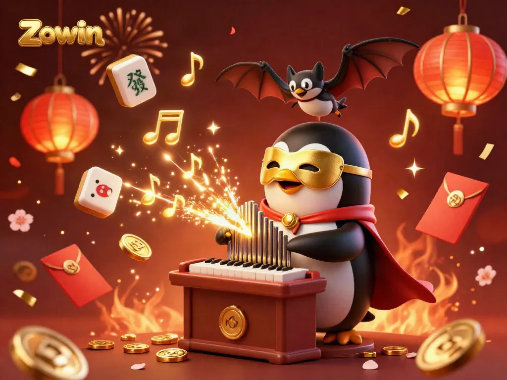 Zowin casino promotion featuring an opera penguin playing an organ that shoots gold coins