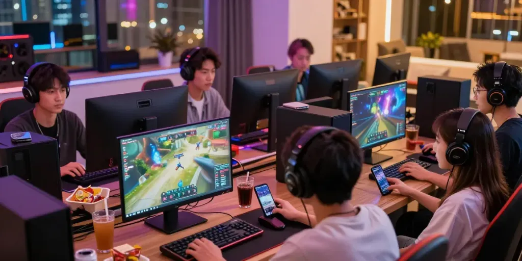 Engaged players enjoying DA88 online gaming on computers and mobile devices in a vibrant modern setting.