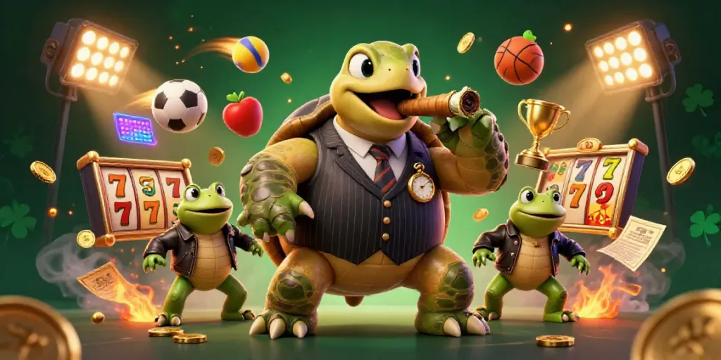 Dynamic casino scene with a cartoon turtle and bullfrogs showcasing vibrant gaming elements and action.
