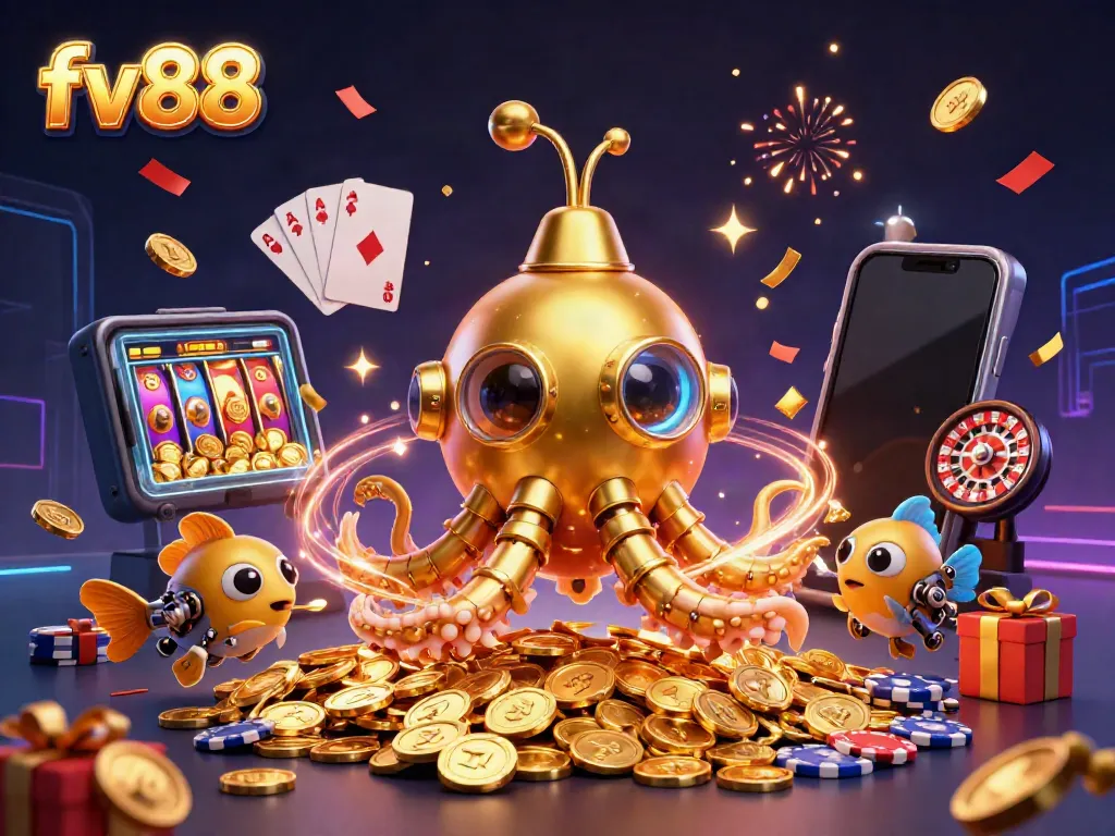 Experience the excitement of fv88 with a vibrant 3D illustration featuring a golden kraken and slot games.