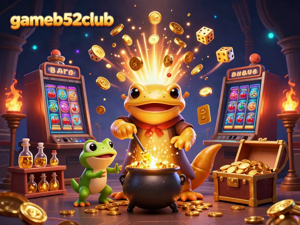 Experience the magic of gameb52club with golden coins, a mystical alchemist, and vibrant casino elements.