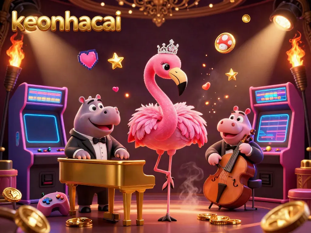 Experience keonhacai's vibrant casino atmosphere with colorful arcade elements and lively character interactions.