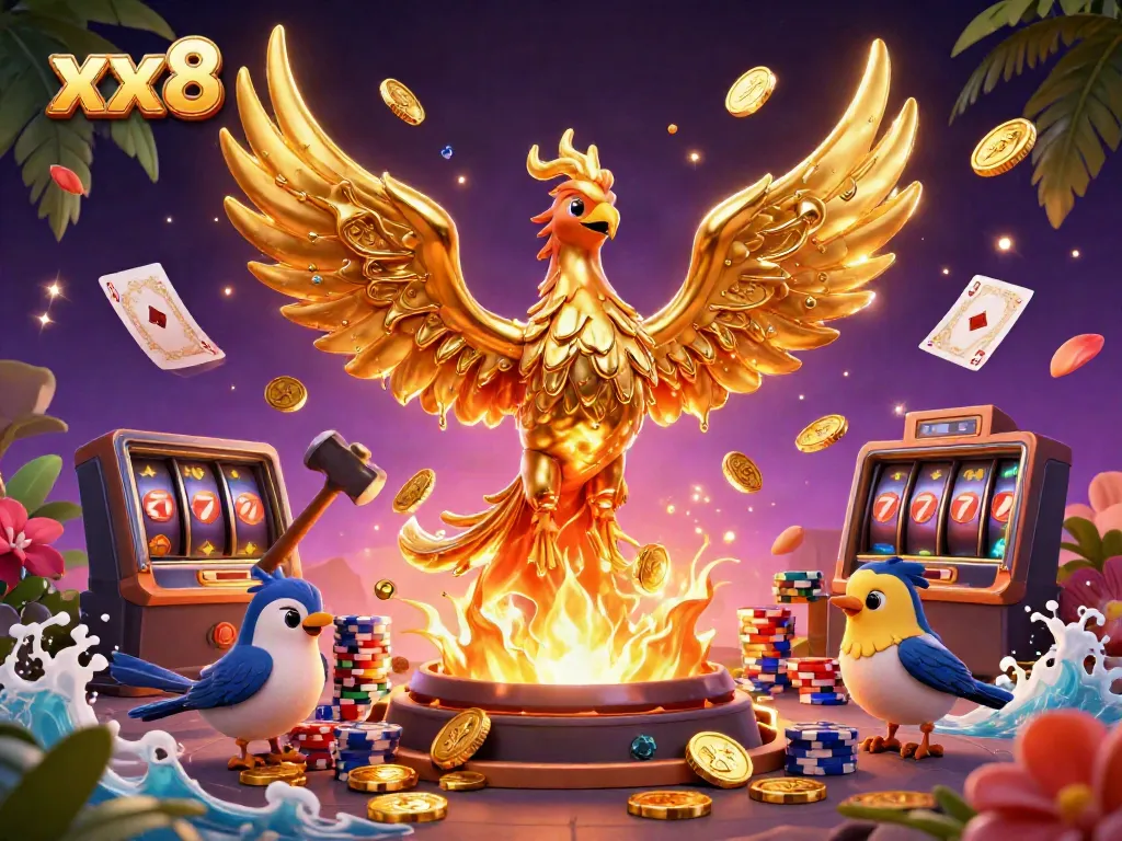 Experience the thrill of xx8 with a golden phoenix and vibrant casino elements in an engaging 3D scene.