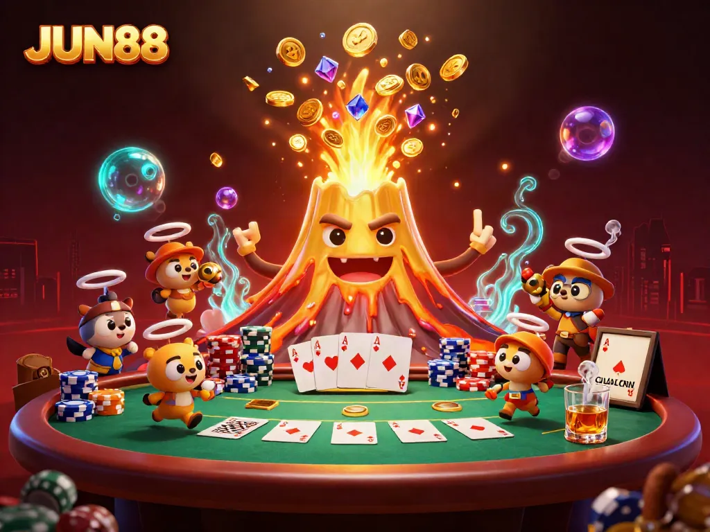 Engage with the thrilling eruption of treasure at JUN88 through a dynamic 3D illustration.