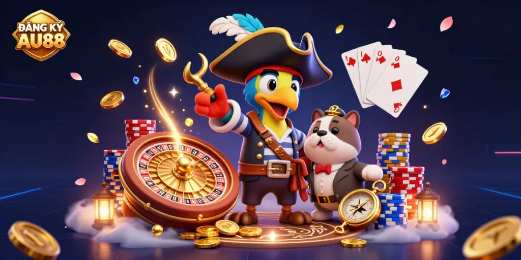 Engage in thrilling actions during ĐĂNG KÝ AU88 amidst casino excitement with vibrant characters and elements.