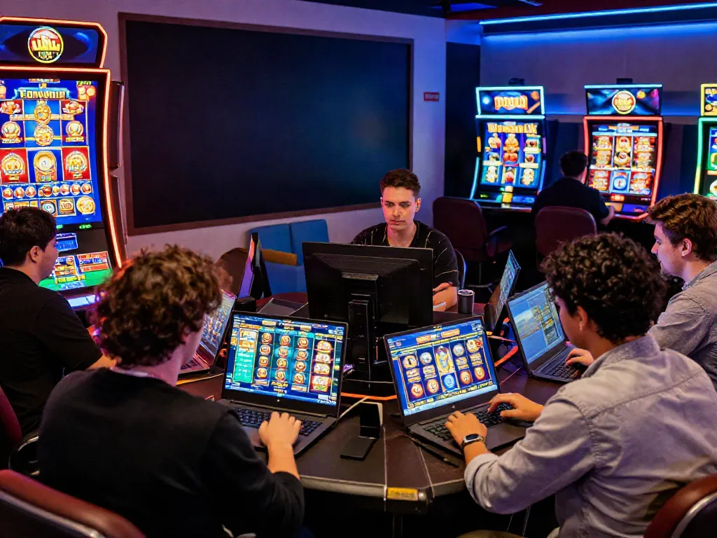 Exciting online casino atmosphere with players engaging in bonus buy slots UK on laptops and tablets.