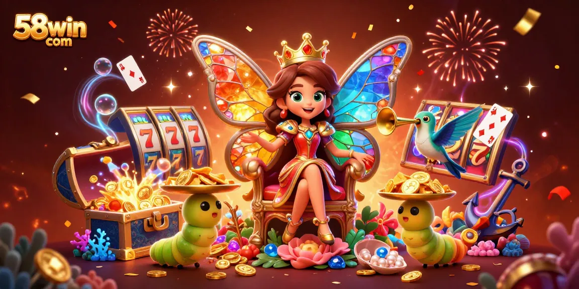 Win big at 58win com with vibrant 3D illustration showcasing casino excitement and gaming elements.