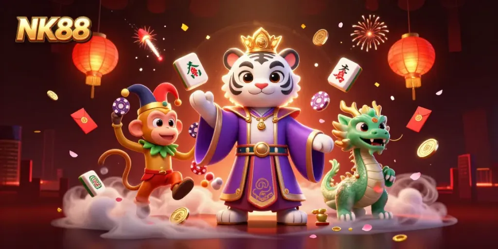 Experience the excitement at NK88 with a dazzling 3D scene featuring a royal tiger and playful monkey in a vibrant casino setting.