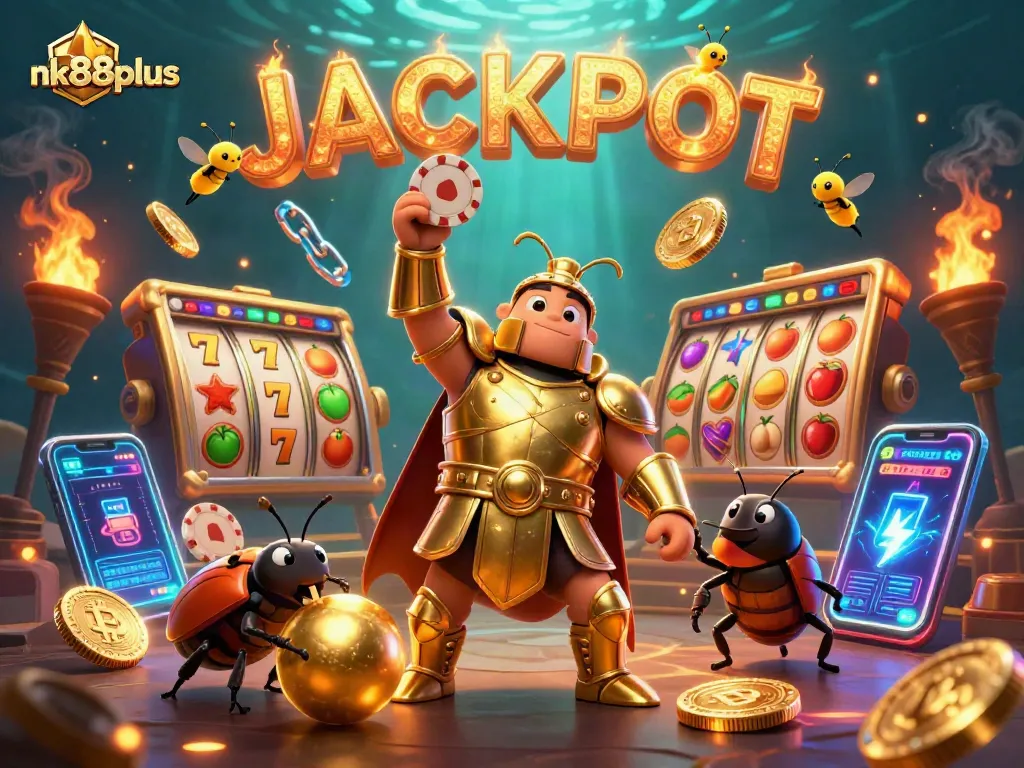 Spin the reels and win big at nk88plus casino, featuring vibrant slots and a lively beetle champion.