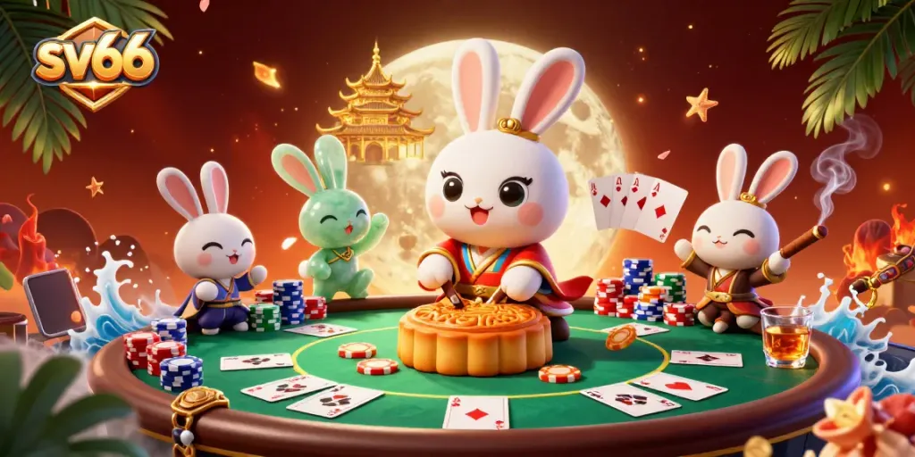 Experience sv66's festive casino atmosphere with a whimsical moon rabbit and poker elements.