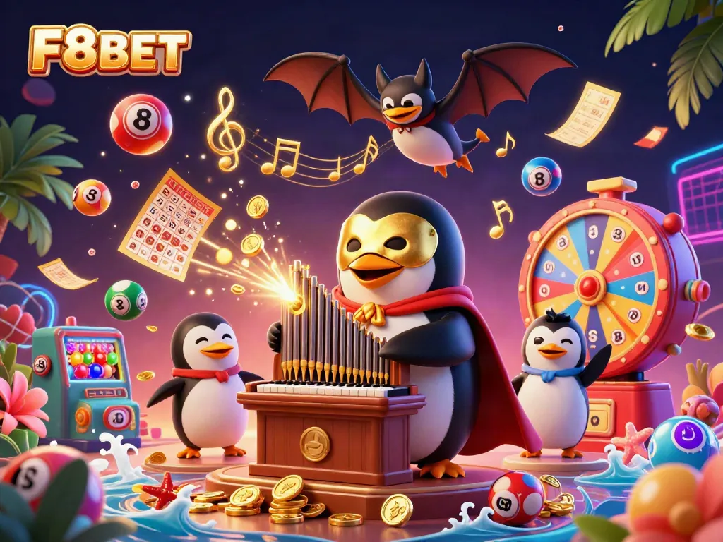 F8BET offers an enchanting gaming experience with a vibrant, dynamic 3D casino illustration.