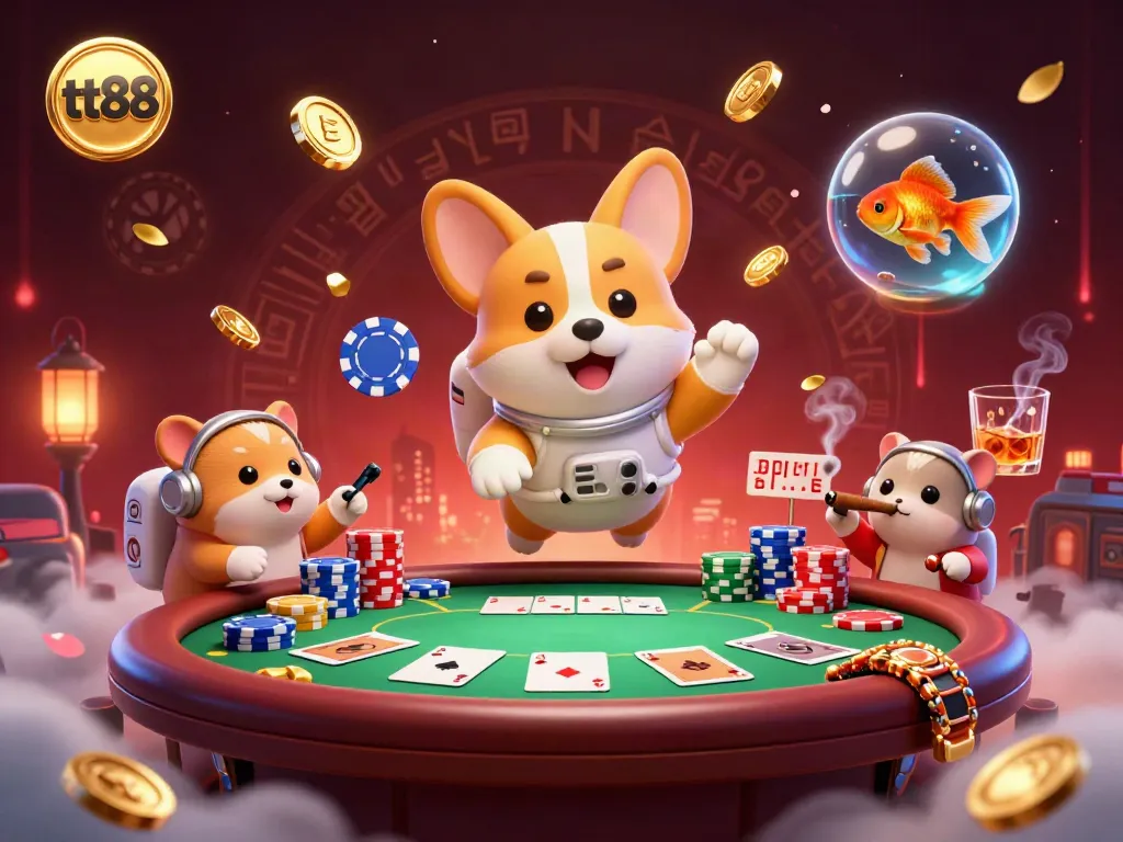 Experience thrilling games at tt88 casino with a lively 3D astronaut corgi and vibrant chips.