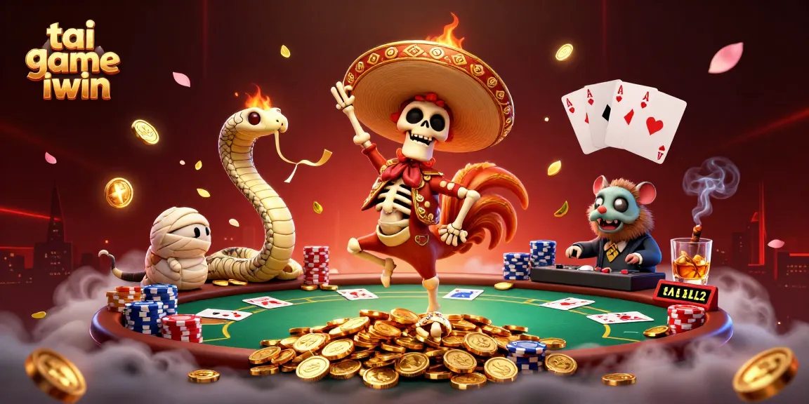 Engage with thrilling tai game iwin on an exciting 3D casino scene packed with vibrant characters and poker elements.