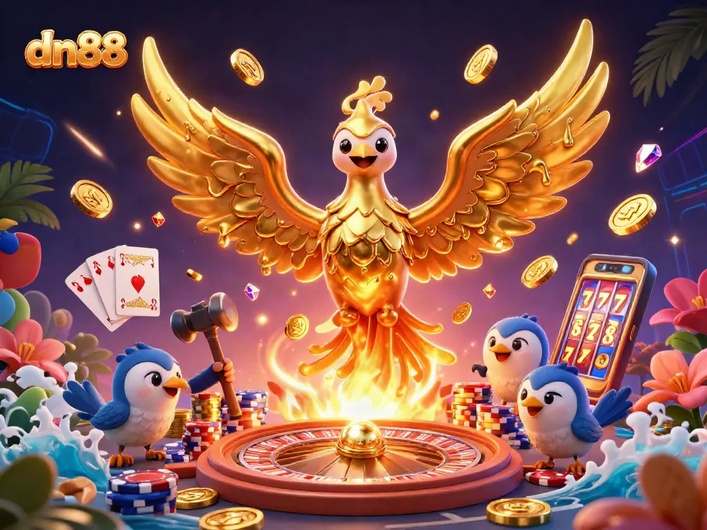 Win big at dn88 with a golden phoenix emerging, surrounded by cascading coins and a 3D roulette wheel.