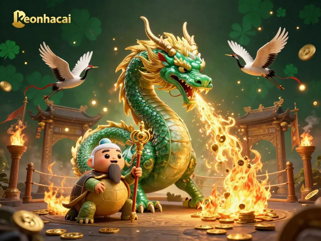 Engage with keonhacai's thrilling sports betting scene featuring a jade dragon and lucky cranes.