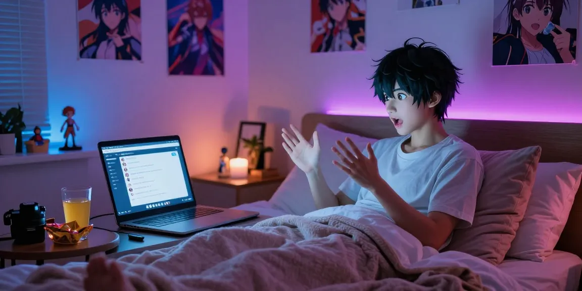 Engaging in hentai ai chat with a holographic character in a cozy bedroom.