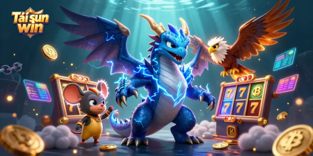 Engage in thrilling gameplay with Tải sun win, featuring an electric-themed 3D dragon amidst vibrant casino elements.