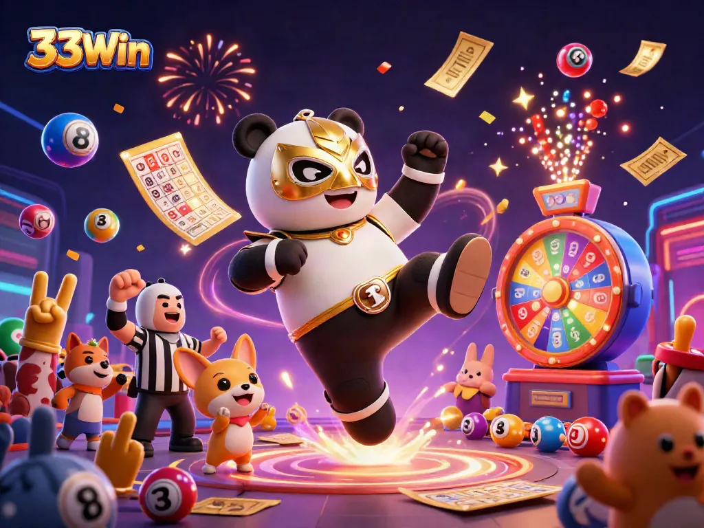 33Win celebrates with a 3D panda wrestler performing a flying kick surrounded by festive lottery elements.