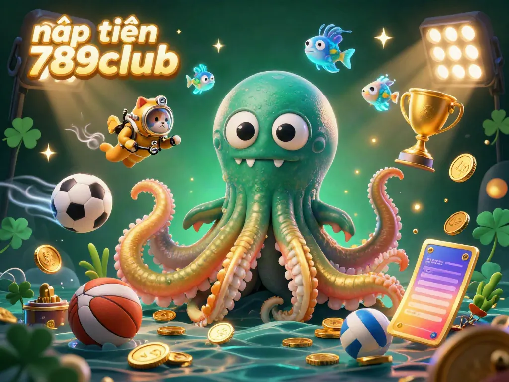 Engage in thrilling gambling with dynamic nạp tiền 789club illustration featuring a mythical kraken and sports elements.