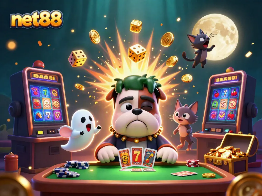 Experience thrilling gameplay with net88 featuring a card-dealing bulldog and a jackpot explosion in this vibrant casino scene.