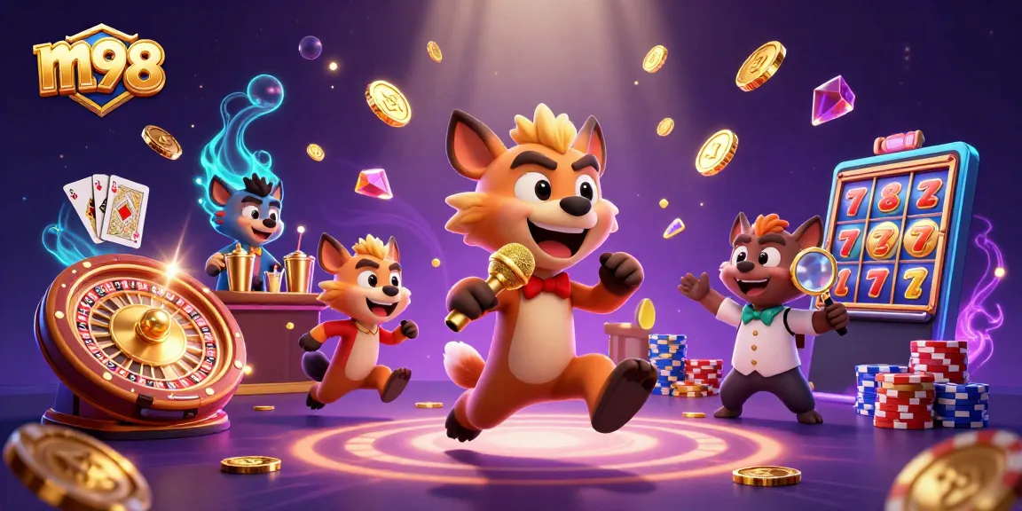 Experience the excitement of m98's comedy casino featuring themed hyenas celebrating amidst golden coins and vibrant games.