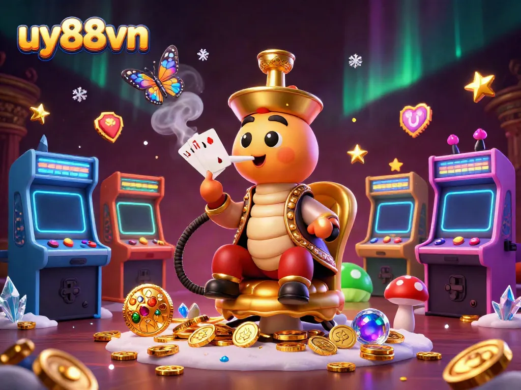 Engage in thrilling gameplay at uy88vn with a vibrant casino-themed 3D illustration featuring unique characters and elements.
