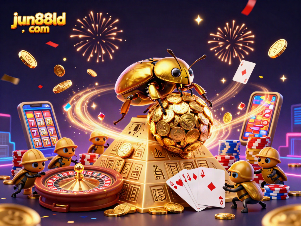 Win big at jun88ld com with a vibrant 3D casino scene featuring gold coins and fun characters.