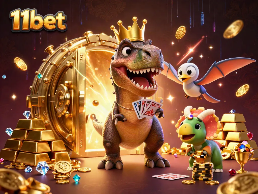 Play thrilling games with 11bet as a T-Rex shuffles cards and a pterodactyl assists in a vibrant casino world.