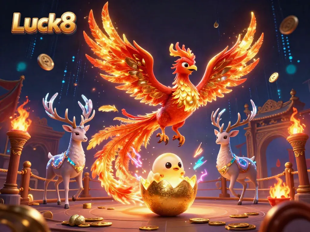 Experience high-stakes excitement at Luck8 with a dazzling scene of a fire phoenix and golden treasures.
