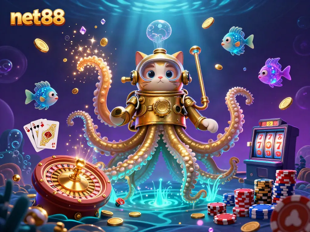 Experience the thrill of net88 with a kraken, diving cat, and deep-sea fish in a vibrant casino scene.