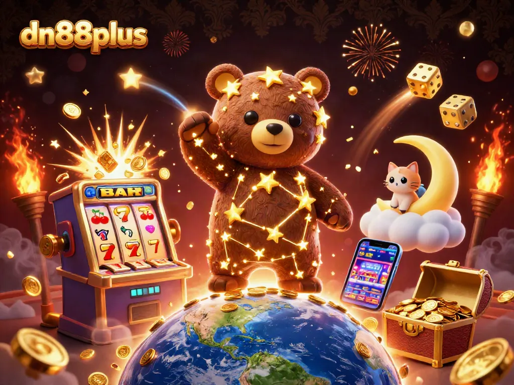 Experience dn88plus casino magic with a dazzling, dynamic 3D illustration showcasing vibrant gaming elements.