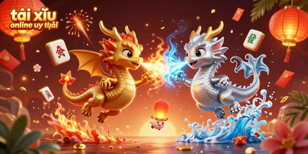 Engaging illustration of tài xỉu online uy tín with dynamic dragons and vibrant gambling symbols.