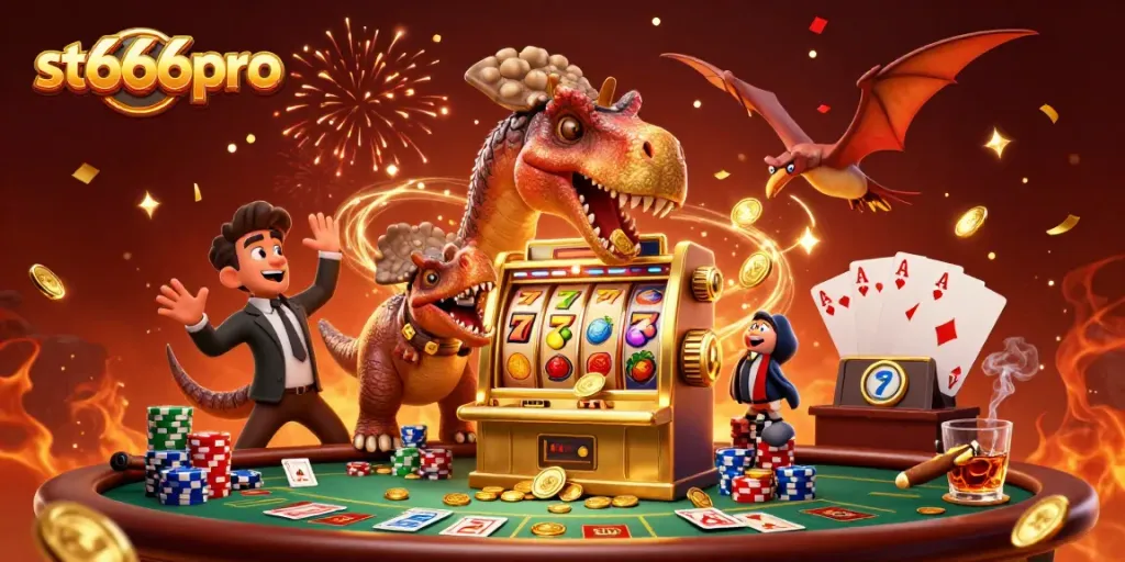 Experience a thrilling jackpot with st666pro as cartoon dinosaurs celebrate winning coins.