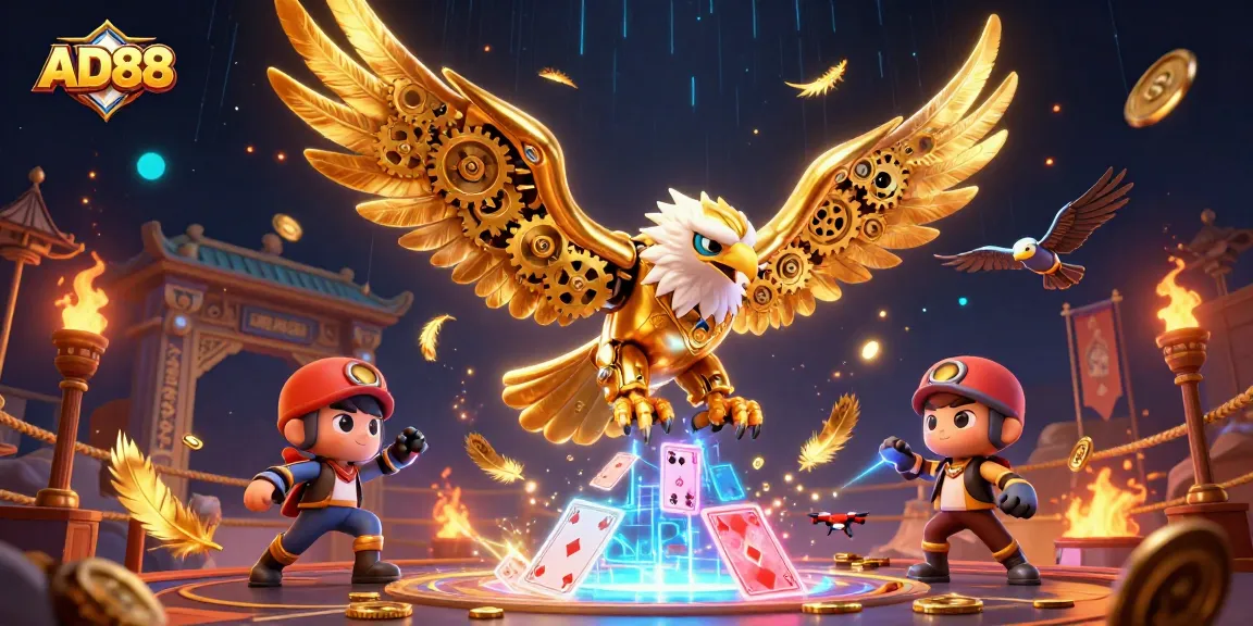 Engage in thrilling gameplay at AD88 with a dynamic illustration of a golden eagle diving through holographic cards.