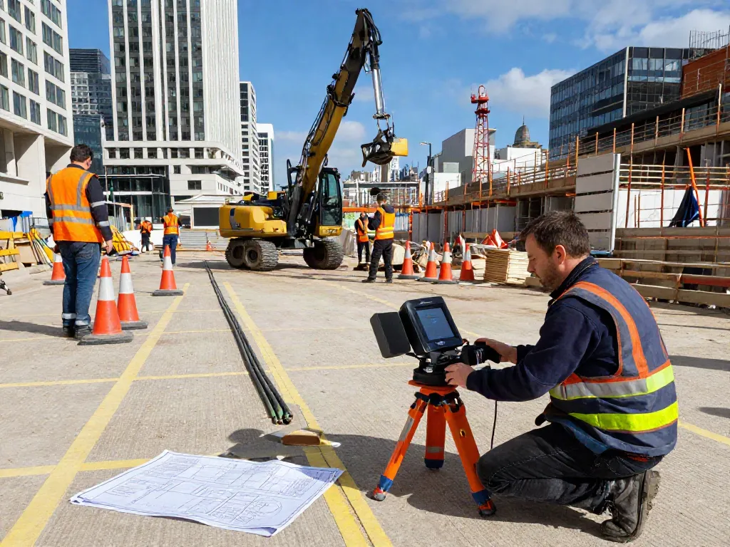 Utility Survey London in action, featuring a surveyor using GPR equipment at a construction site