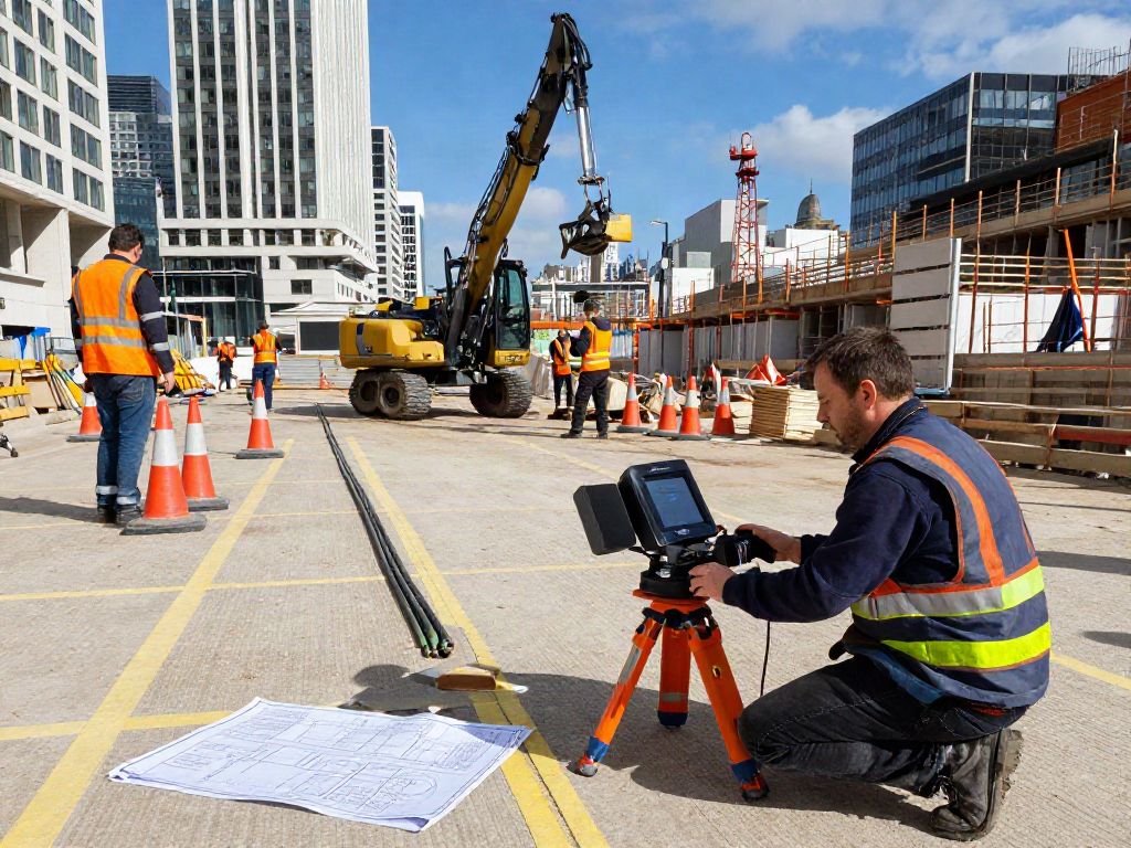 Utility Survey London in action, featuring a surveyor using GPR equipment at a construction site