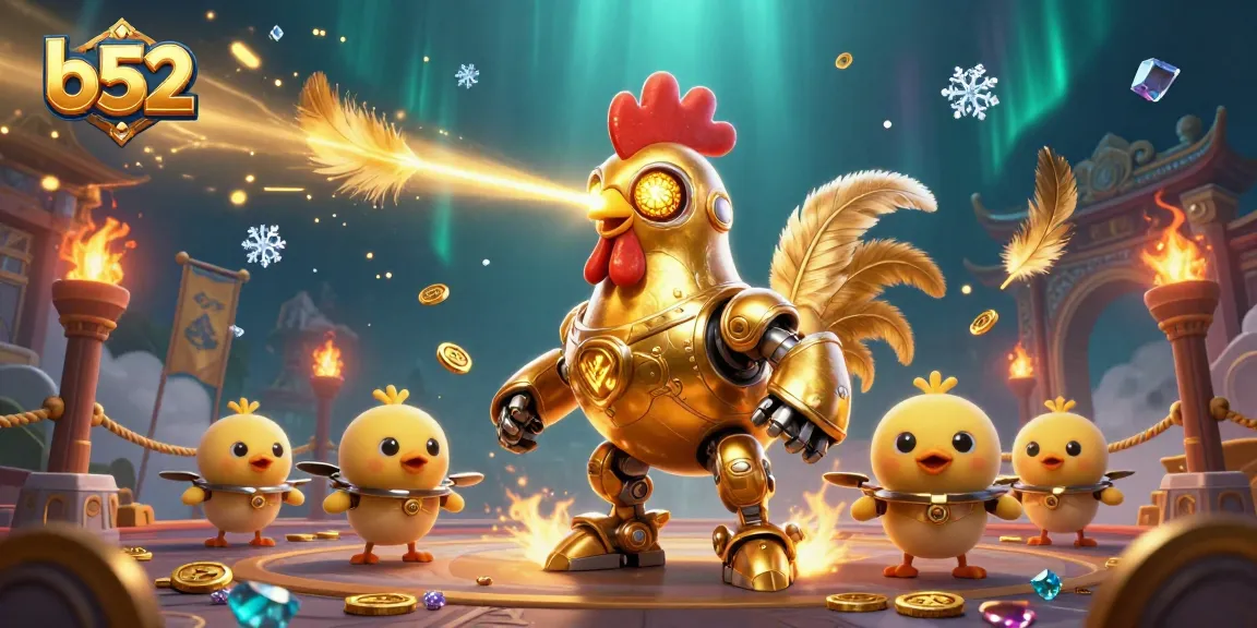 Engage in thrilling b52 gaming with a dynamic scene of a golden rooster robot and drones amidst rich casino elements.