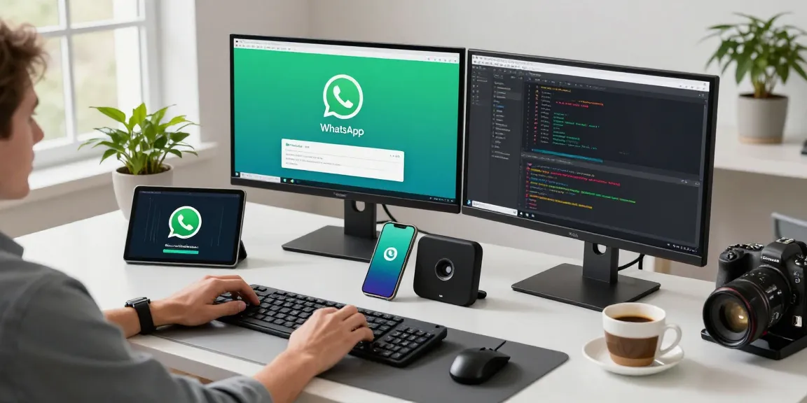 WhatsApp下載 on sleek tech workspace with vibrant screens and gadgets