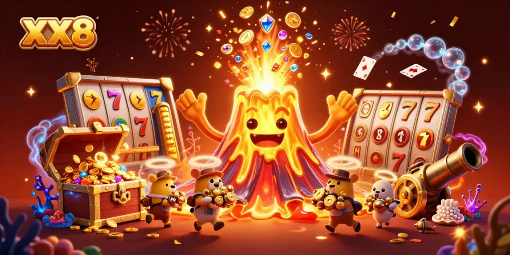 Experience XX8's thrilling jackpot action with vibrant slot reels and treasure-filled adventures.