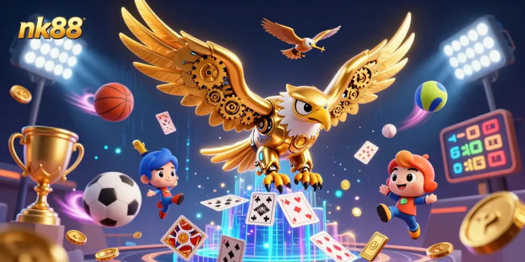 Engage in thrilling adventures with nk88, featuring a dynamic golden eagle surrounded by sports balls and casino elements.