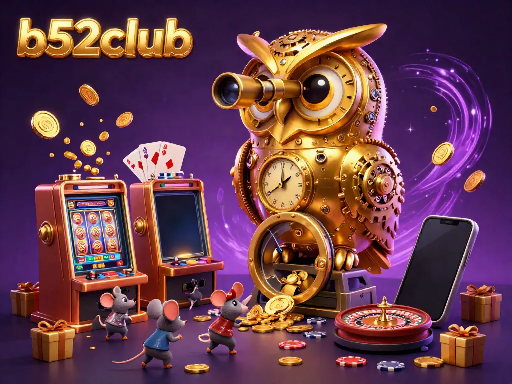 Experience dynamic casino action with b52club's golden owl overseeing vibrant games and energetic patrons.