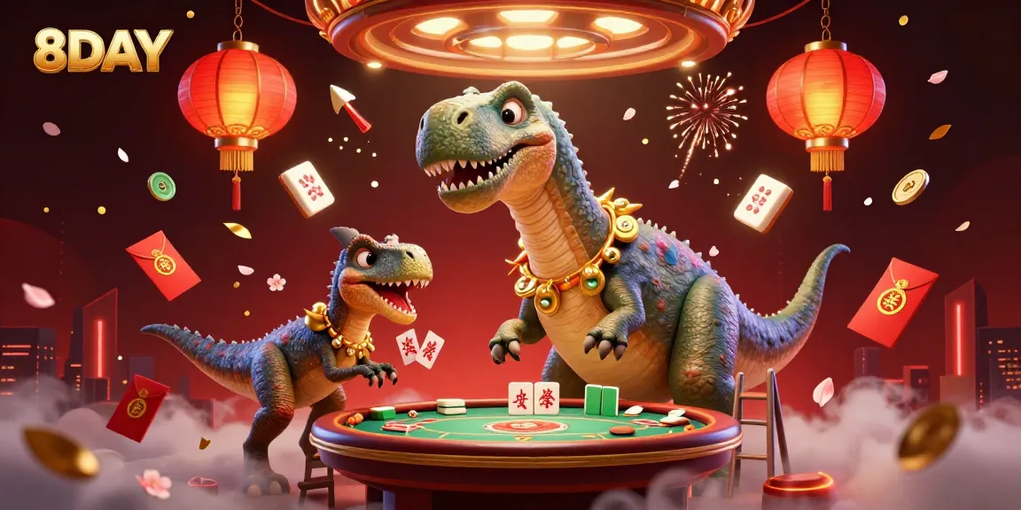 Join the excitement at 8DAY with a vibrant casino scene featuring a cartoon dinosaur and dealer.
